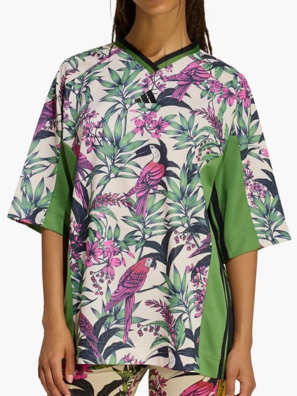 NWT Adidas x Farm Rio Collab Tropical Floral Bird Print Jersey - Green & Pink
